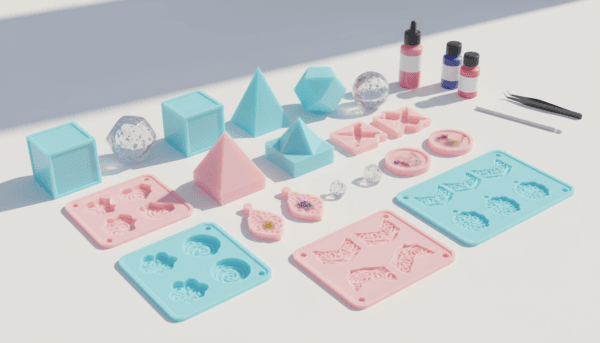 A wide variety of high-quality silicone molds for epoxy resin, including geometric shapes and jewelry designs, arranged on a clean white table, soft natural lighting, professional photography.