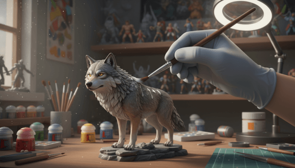 Close-up of a hand carefully spraying a professional protective varnish onto a highly detailed wolf miniature, realistic workshop environment, soft focus background.