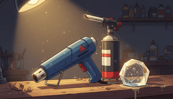 Close-up of a high-quality heat gun and a professional butane torch placed next to a clear resin casting on a wooden workbench, cinematic lighting, 4k.