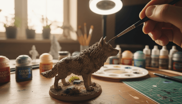 Close-up of a realistic miniature wolf figurine being painted with dark brown wash to reveal fur texture, professional hobbyist workspace, macro photography, soft natural lighting.