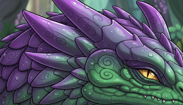 Close-up of fantasy creature scales painted with Green Stuff World chameleon paint, showing iridescent shifts between purple and green light reflections.