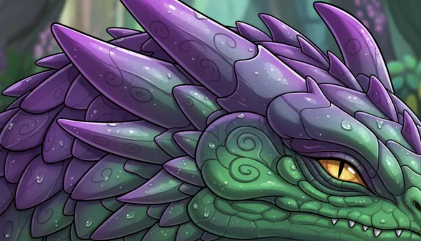 Close-up of fantasy creature scales painted with Green Stuff World chameleon paint, showing iridescent shifts between purple and green light reflections.
