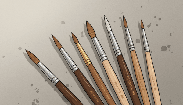 Close-up of professional fine detail brushes for miniature painting, Kolinsky sable and synthetic types, wooden handles, sharp tips, macro photography, neutral background.