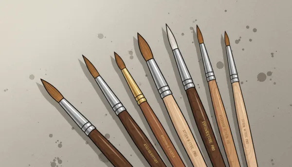 Close-up of professional fine detail brushes for miniature painting, Kolinsky sable and synthetic types, wooden handles, sharp tips, macro photography, neutral background.