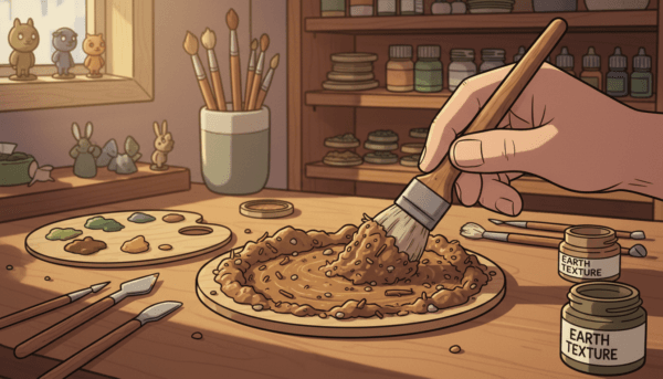 Close-up view of a crafting workspace, focusing on a miniature animal figurine base being prepared for texture application. In the foreground, a hand holds a small brush applying a rich, earthy texture paste onto the base. The texture features uneven surfaces, mimicking soil with pebbles and small twigs. The middle ground displays crafting tools like a palette, paints, and texture tools neatly arranged. Soft, diffused lighting illuminates the scene, creating gentle shadows that highlight the details of the figurine and texture. In the background, blurred shelves filled with various painting supplies and completed bases create a warm, inviting atmosphere, conveying a sense of creativity and craftsmanship.