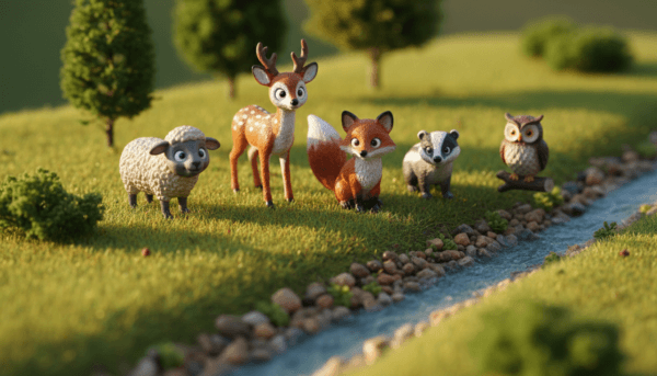 Collection de figurines d'animaux miniatures pour diorama, détails réalistes, échelle 1:87, macrophotographie professionnelle, éclairage naturel.