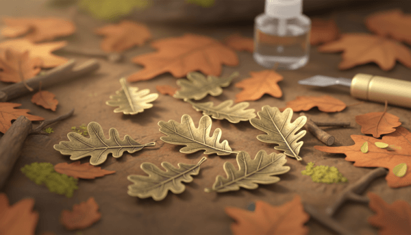Gros plan sur des feuilles miniatures en métal photo-découpé pour le modélisme, détails ultra-précis de feuilles de chêne sur un sol forestier.