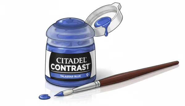 Macro photography of a Citadel Contrast paint pot with its iconic label, showing the vibrant liquid inside, placed on a clean white surface with a professional paintbrush.