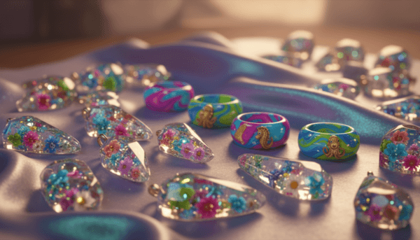 Macro photography of a diverse collection of handmade epoxy resin jewelry, featuring crystal clear pendants and colorful rings on a silk cloth.
