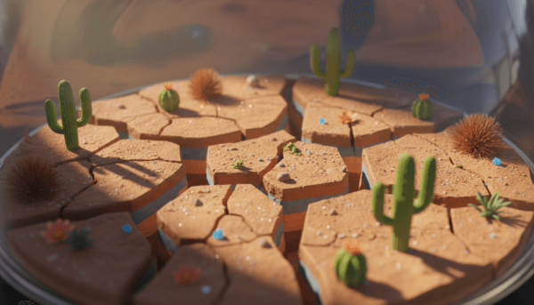 Macro photography of a realistic miniature desert base with deep natural cracks in dry earth, high contrast between surface and bottom layer, professional lighting.