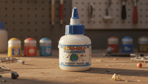 Macro shot of a high-quality bottle of white PVA glue for hobby modeling, placed on a wooden workbench with artistic lighting, 4k resolution.