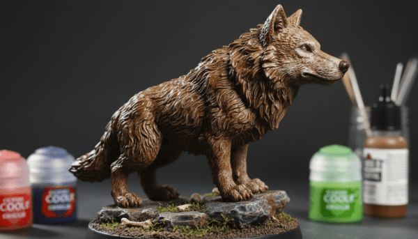 Miniature wolf figurine treated with a brown acrylic wash, showing liquid pigment settling into the fur recesses and joints, realistic depth effect, high detail.