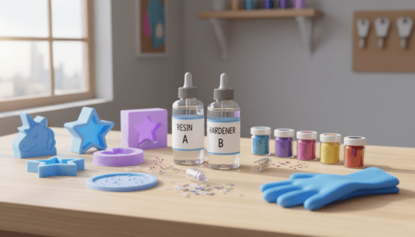 Photographie de haute qualité d'un kit complet pour débutant en résine époxy disposé sur un plan de travail propre, incluant des flacons de résine, des moules en silicone variés, des pigments colorés et des gants de protection, lumière naturelle vive.