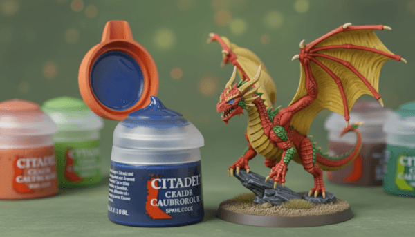 Photographie macro de haute qualité d'un pot de peinture Citadel ouvert à côté d'une figurine de dragon Warhammer finement peinte, couleurs vibrantes, éclairage professionnel, profondeur de champ courte.