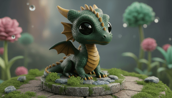 Photographie macro d'une figurine de dragon miniature avec un vernis mat sur les écailles et un vernis brillant sur les yeux, posée sur un socle décoré de mousse et de roches.