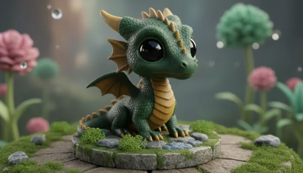 Photographie macro d'une figurine de dragon miniature avec un vernis mat sur les écailles et un vernis brillant sur les yeux, posée sur un socle décoré de mousse et de roches.