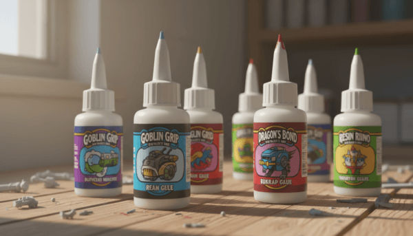 Professional hobby glue bottles for plastic and resin miniatures, organized on a wooden desk, soft natural lighting, realistic macro style.