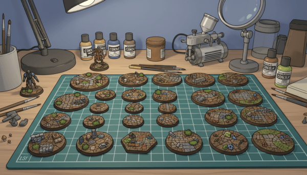 Professional photo of various plastic and resin miniature bases in different shapes and sizes, organized neatly on a hobbyist's desk.