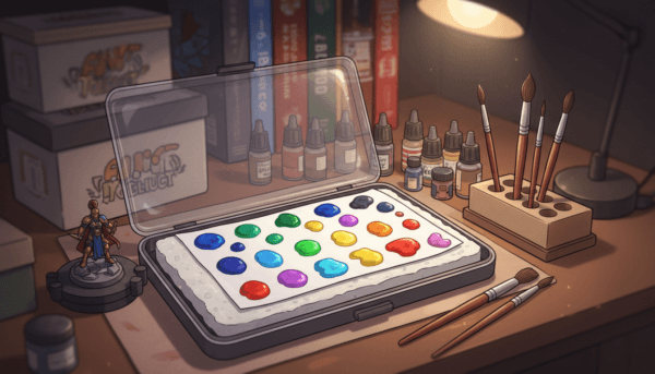 Professional wet palette for miniature painting with drops of acrylic paint, sponge and hydration paper, organized workstation, soft focus.