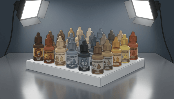 Set of acrylic paint bottles for animal miniatures, various shades of brown, grey, and ochre, Vallejo and Army Painter style, professional studio lighting.