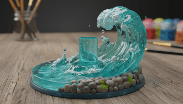 Socle de figurine avec un effet d'eau transparente réalisé en résine époxy, incluant des éclaboussures et des ondulations réalistes.