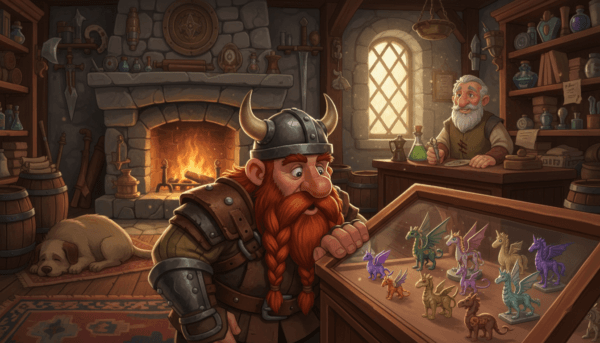 Un aventurier nain examinant une vitrine remplie de petites figurines d'animaux fantastiques dans une boutique médiévale chaleureuse, style cinématographique.