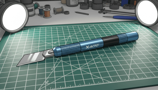 Un couteau de précision de modélisme X-Acto professionnel posé sur un tapis de découpe auto-cicatrisant, lame tranchante en acier, éclairage studio macro, style réaliste.