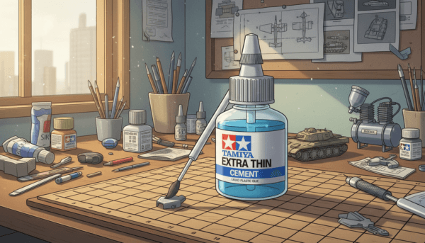Un flacon de colle plastique liquide Tamiya Extra Thin avec son pinceau applicateur intégré, environnement d'atelier de maquettiste, netteté maximale.
