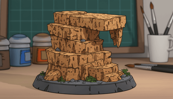 Un gros plan de plaques de liège naturel déchirées, empilées pour former une falaise miniature sur un socle de figurine, avec des détails de texture rugueuse et réaliste.