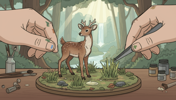 Un gros plan montrant l'application de touffes d'herbe réalistes de différentes hauteurs sur le socle d'une figurine de cerf, ambiance forestière.
