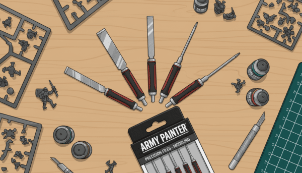 Un set de petites limes de précision en métal de la marque Army Painter pour le modélisme, disposées de manière ordonnée sur un établi de hobby, vue de dessus.