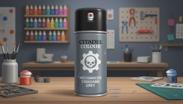 Une bombe de peinture Citadel Mechanicus Standard Grey posée sur un établi de modélisme, éclairage professionnel, style hyper-réaliste, détails nets sur la buse de la bombe, arrière-plan flou d'atelier de peinture, 4k.
