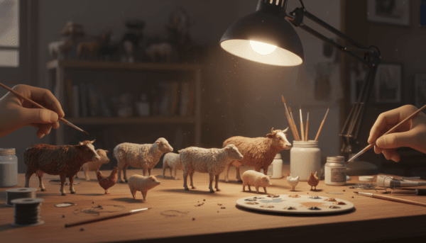 Une collection de figurines d'animaux de ferme à l'échelle 1:35 en train d'être peintes avec des peintures acryliques professionnelles et des pinceaux fins sur un établi de modélisme, éclairage macro réaliste, textures de pelage détaillées.