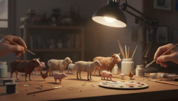 Une collection de figurines d'animaux de ferme à l'échelle 1:35 en train d'être peintes avec des peintures acryliques professionnelles et des pinceaux fins sur un établi de modélisme, éclairage macro réaliste, textures de pelage détaillées.
