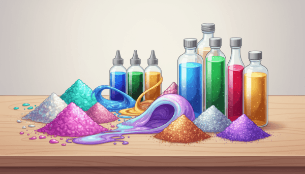 Une collection de pigments nacrés, de colorants liquides vibrants et de poudres de mica disposés artistiquement à côté de flacons de résine transparente sur un plan de travail propre, photographie de studio professionnelle, éclairage doux.