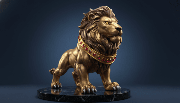 Une figurine de lion majestueux portant un collier en or brillant et des griffes d'argent, peinture métallique réaliste, gros plan sur les détails, éclairage studio.