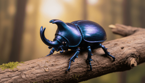 Une figurine de scarabée rhinocéros miniature peinte avec des peintures caméléon Green Stuff World, reflets métalliques bleu et violet intenses, posée sur une branche de bois réaliste, macrophotographie professionnelle, éclairage studio.