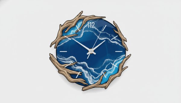 Une horloge murale moderne fabriquée avec de la résine époxy bleue océan et du bois flotté naturel, chiffres minimalistes, vue de face sur un mur blanc.