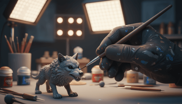 Une main d'artiste tenant un pinceau Kolinsky de haute précision peignant les yeux minuscules d'une figurine de loup, éclairage studio professionnel, macro photographie, détails ultra-réalistes.