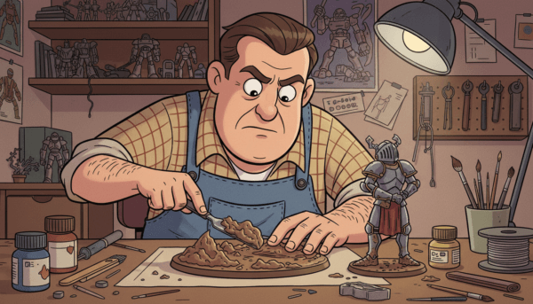 Une main de modéliste appliquant une pâte de texture terreuse brune sur un socle de figurine avec une spatule, créant des irrégularités de sol boueux et réalistes.