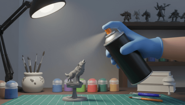 Une main tenant une bombe de peinture spray noire, appliquant une fine brume uniforme sur une figurine de loup miniature à une distance de 20 cm.
