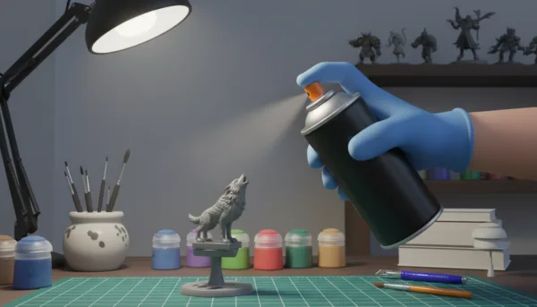 Une main tenant une bombe de peinture spray noire, appliquant une fine brume uniforme sur une figurine de loup miniature à une distance de 20 cm.