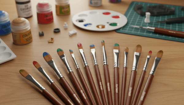 Une photo macro de haute qualité montrant un assortiment de pinceaux Raphaël 8404 et Da Vinci Maestro posés sur un établi de modélisme, avec leurs pointes fines en poils de martre bien formées.