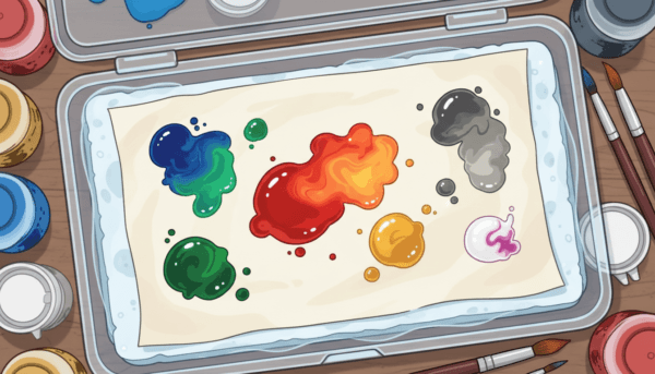 Une vue de dessus d'une palette humide pour peinture de figurines, montrant des gouttes de peinture acrylique fraîchement mélangées sur du papier sulfurisé humide.