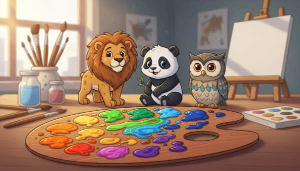 Vibrant display of acrylic paints specifically designed for animal figurines, arranged artistically on a wooden artist's palette in the foreground. Various shades of paint, including bright oranges, greens, and blues, create a visually stunning contrast against the warm wood. In the middle ground, several intricately detailed animal figurines, such as a majestic lion, a playful panda, and a wise owl, are delicately painted with these colors, showcasing fine brushwork and textures. The background features a blurred artist's workspace, with scattered brushes, water cups, and canvas, softly lit by natural daylight streaming through a window, creating a warm and inviting atmosphere. The angle is slightly top-down to emphasize the meticulous detailing of the paint and figurines, capturing the essence of creativity in animal figurine painting.