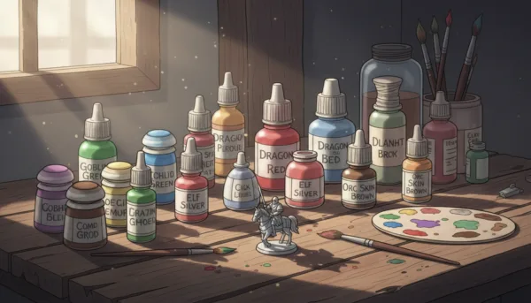 Vue rapprochée de plusieurs flacons de peinture pour figurines sur un plan de travail en bois, éclairage doux, atmosphère créative et artistique.
