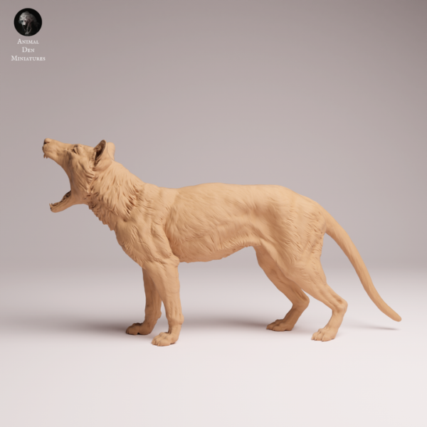 Exemple de peinture réaliste avec rayures foncées sur la figurine du marsupial disparu.