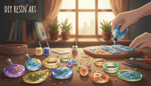 A beautifully arranged collection of handcrafted epoxy resin jewelry, showcasing various pieces like pendants, earrings, and rings. The foreground features vibrant, colorful resin pieces embedded with natural elements like flowers, leaves, and metallic flakes, reflecting light in a shimmering effect. In the middle ground, include a workbench with tools and molds, emphasizing the artisanal crafting process. The background gently blurs with warm, natural light streaming through a window, casting soft shadows. Use a macro lens to highlight the intricate details and textures of the resin. The mood is inviting and creative, perfect for a decorative arts theme, evoking inspiration for DIY projects.