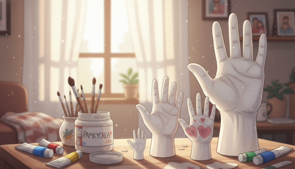 A beautifully arranged display of family hand molds made from a fine, white casting powder, showcasing various sizes of hands representing different family members. In the foreground, focus on intricately detailed hand molds with soft textures and smooth surfaces, highlighting the unique features of each hand. The middle section features a cozy, well-lit workspace adorned with decorative elements like colorful paints and brushes, giving a sense of creativity. In the background, soft natural light pours in from a nearby window, illuminating the scene and creating a warm atmosphere. The composition should evoke feelings of love, togetherness, and the joy of creating personalized gifts. Include the brand name "Pamkycrea" subtly integrated into the workspace.