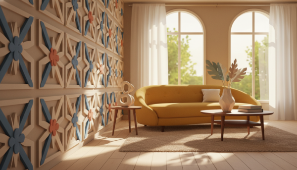 A beautifully arranged interior scene showcasing the versatile use of papier moulage decoration techniques. In the foreground, intricate papier moulage wall art, featuring detailed floral and geometric patterns, is displayed prominently on a textured wall. The middle ground includes elegant furniture, such as a stylish sofa and a wooden coffee table adorned with decorative objects highlighting the papier moulage theme. In the background, natural light streams through large windows, casting soft shadows and creating a warm, inviting atmosphere. The overall mood is artistic and modern, perfect for showcasing a creative interior space. The composition should be captured with a shallow depth of field, emphasizing the details of the papier moulage while providing a glimpse of the harmonious interior design.